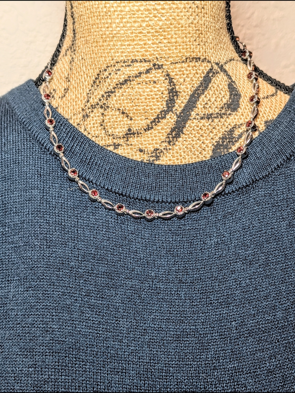 Stainless Red Garnet Station Necklace